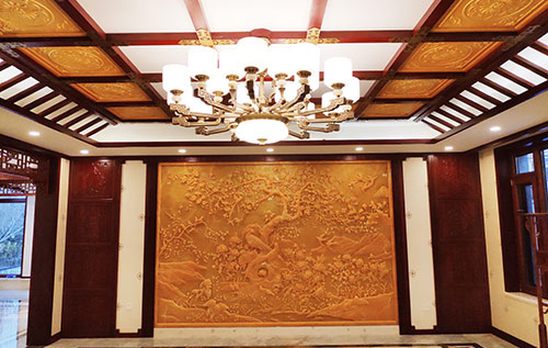 廊坊中式别墅客厅中式木作横梁吊顶装饰展示